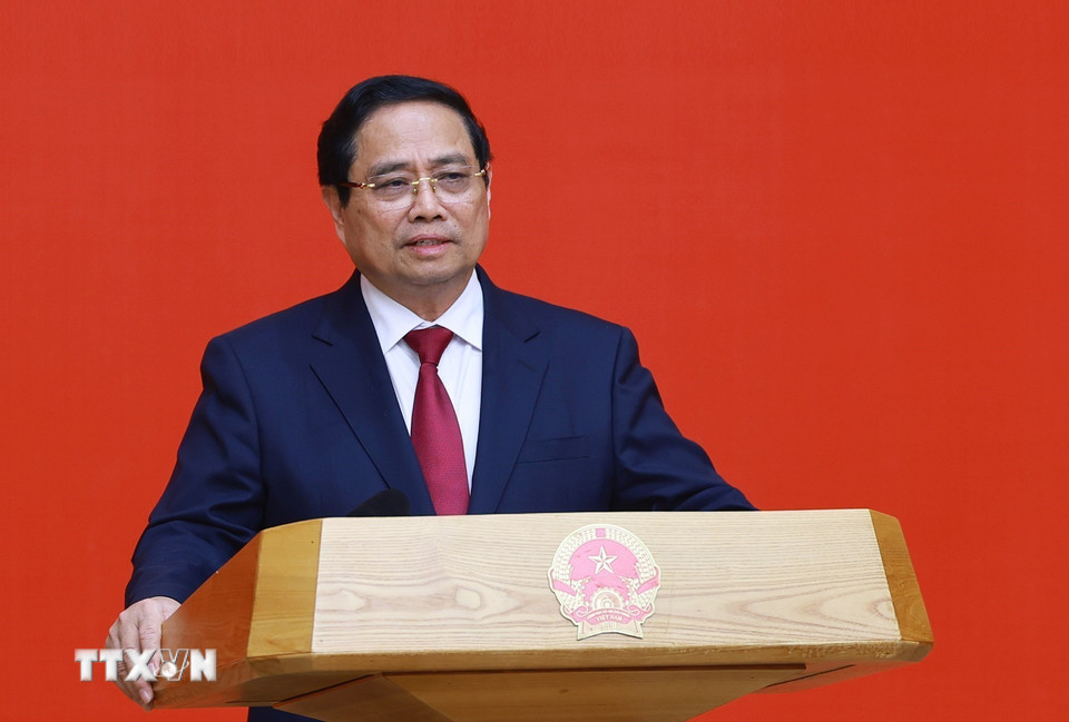 Bí thư Đảng ủy Chính phủ, Thủ tướng Chính phủ Phạm Minh Chính phát biểu chúc mừng. (Ảnh: Dương Giang/TTXVN)