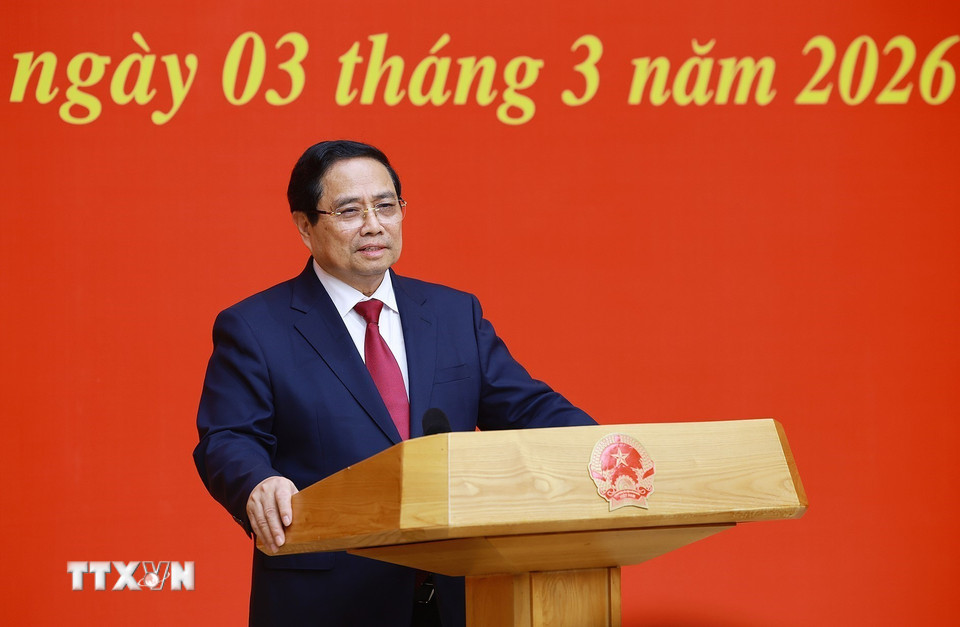 Bí thư Đảng ủy Chính phủ, Thủ tướng Chính phủ Phạm Minh Chính phát biểu chúc mừng. (Ảnh: Dương Giang/TTXVN)