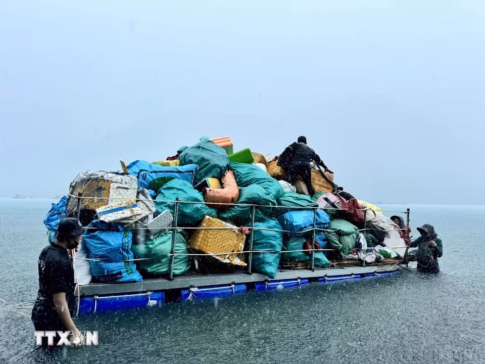 Sinh viên Trường Đại học Miền Đông, tỉnh Đồng Nai tổ chức thu gom rác thải tại các bãi biển Côn Đảo. (Ảnh: TTXVN phát)