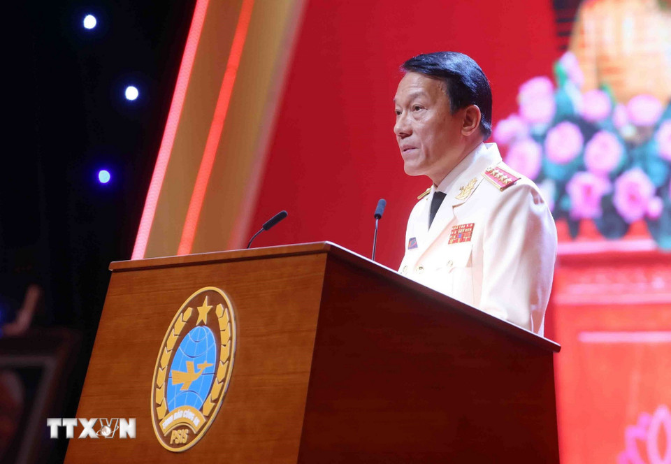 Đại tướng Lương Tam Quang, Ủy viên Bộ Chính trị, Bí thư Đảng ủy Công an Trung ương, Bộ trưởng Bộ Công an phát biểu. (Ảnh: Phạm Kiên/TTXVN)