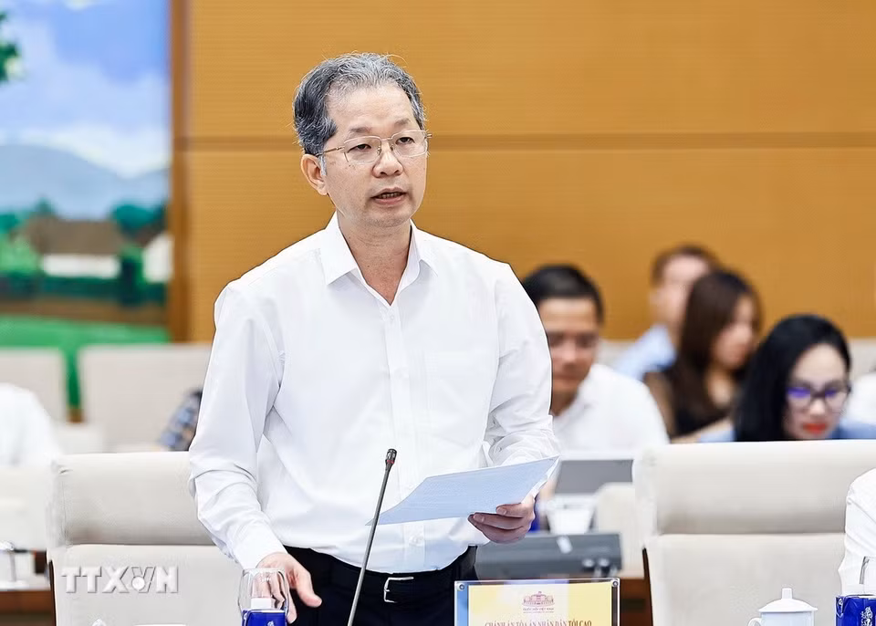 Chánh án Tòa án Nhân dân Tối cao Nguyễn Văn Quảng phát biểu. (Ảnh: Doãn Tấn/TTXVN)
