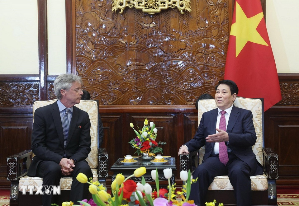 Chủ tịch nước Lương Cường tiếp Đại sứ Dominica tại Việt Nam Jean-Francois Harvey. (Ảnh: Lâm Khánh/TTXVN)