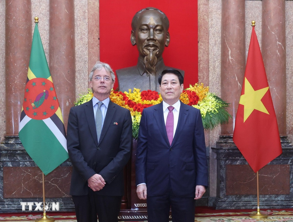 Chủ tịch nước Lương Cường với Đại sứ Dominica tại Việt Nam Jean-Francois Harvey. (Ảnh: Lâm Khánh/TTXVN)