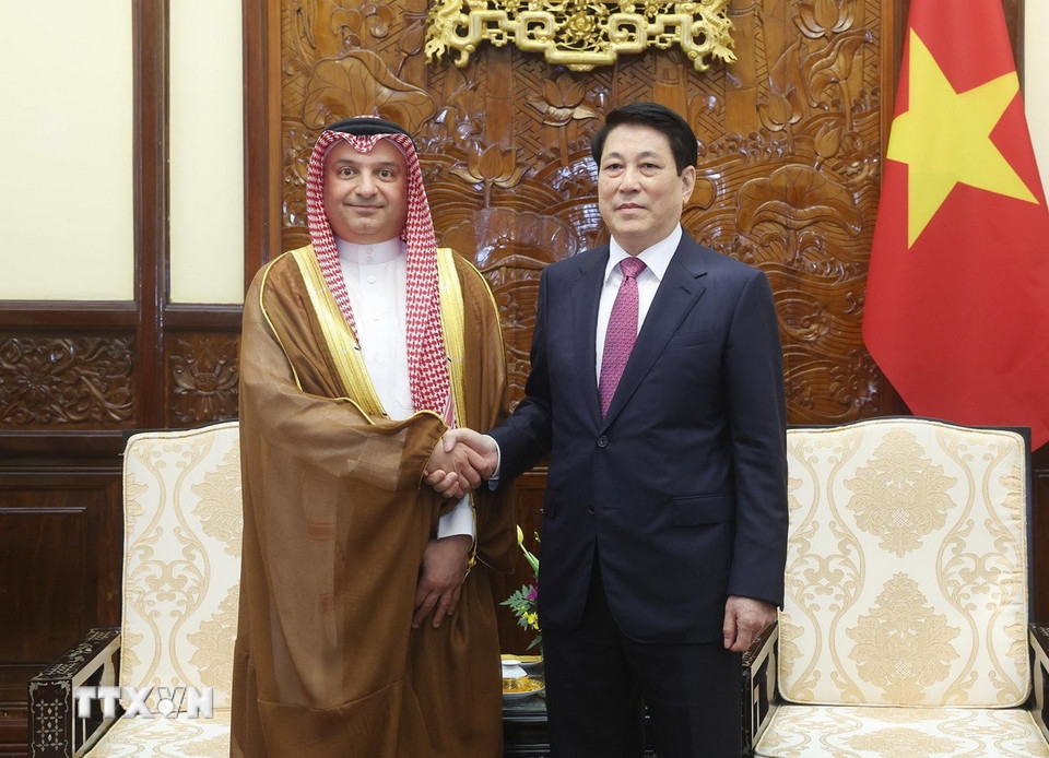 Chủ tịch nước Lương Cường tiếp Đại sứ Vương quốc Saudi Arabia tại Việt Nam Thamer Mohammed al-Gosaibi. (Ảnh: Lâm Khánh/TTXVN)