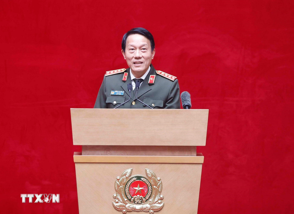 Đại tướng Lương Tam Quang, Ủy viên Bộ Chính trị, Bí thư Đảng ủy Công an Trung ương, Bộ trưởng Bộ Công an phát biểu. (Ảnh: Thống Nhất/TTXVN)