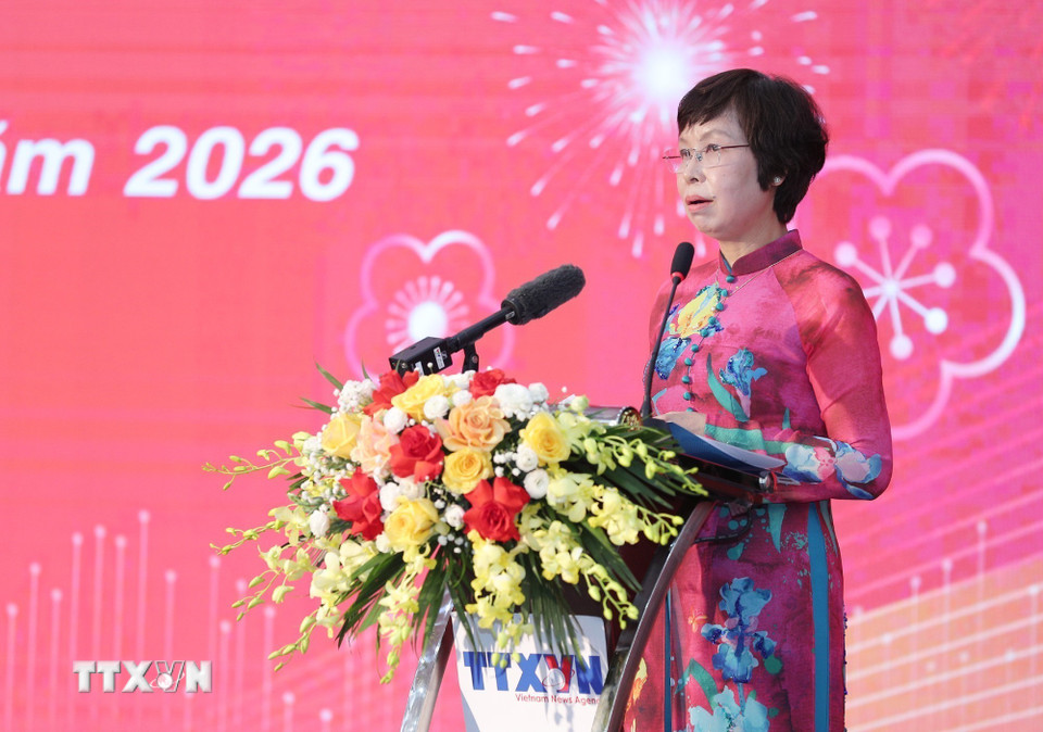 Tổng giám đốc Vũ Việt Trang báo cáo kết quả thực hiện nhiệm vụ của TTXVN. (Ảnh: Minh Đức/TTXVN)