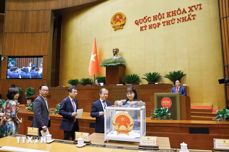 Đại biểu Quốc hội bỏ phiếu bầu Chủ tịch Quốc hội khóa XVI. (Ảnh: Doãn Tấn/TTXVN)