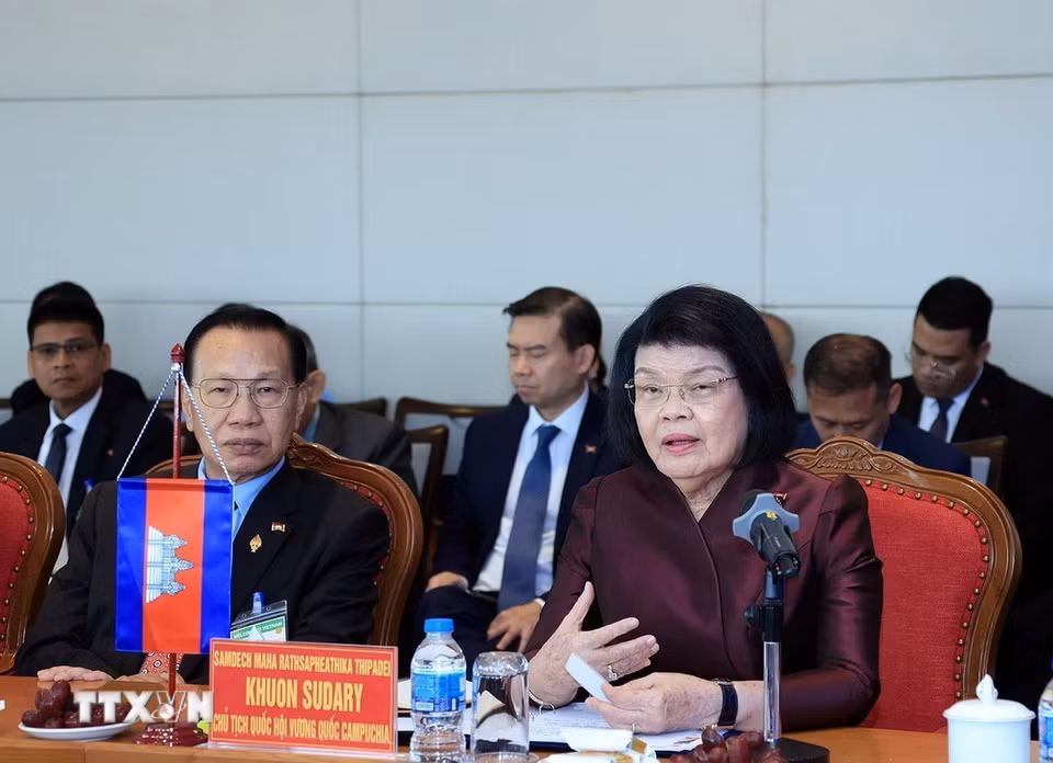 Chủ tịch Quốc hội Campuchia Samdech Khuon Sudary phát biểu. (Ảnh: Tuấn Anh/TTXVN)