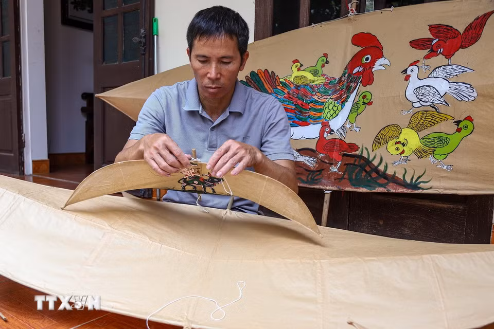 Điểm đặc biệt của diều sáo Bá Dương Nội là cánh diều truyền thống không có đuôi, đòi hỏi người làm phải tính toán kỹ tỷ lệ khung, độ cong và sức nâng để diều có thể giữ thăng bằng khi bay. (Ảnh: Lê Ngọc/TTXVN phát)