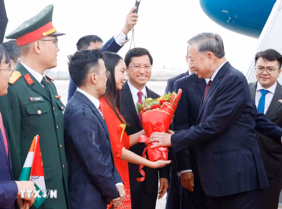 Cán bộ, nhân viên Đại sứ quán Việt Nam tại Ấn Độ đón Tổng Bí thư, Chủ tịch nước Tô Lâm ở Sân bay quân sự Palam, thủ đô New Delhi. (Ảnh: Thống Nhất/TTXVN)