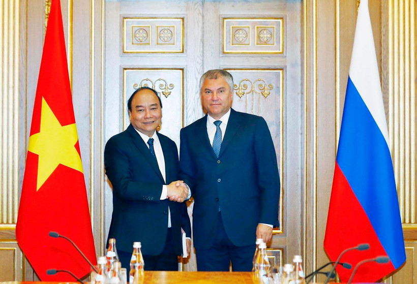 Thủ tướng Chính phủ Nguyễn Xuân Phúc đã hội kiến Chủ tịch Duma quốc gia Nga Vyacheslav Viktorovich Volodin. (Ảnh: Thống Nhất/TTXVN) 