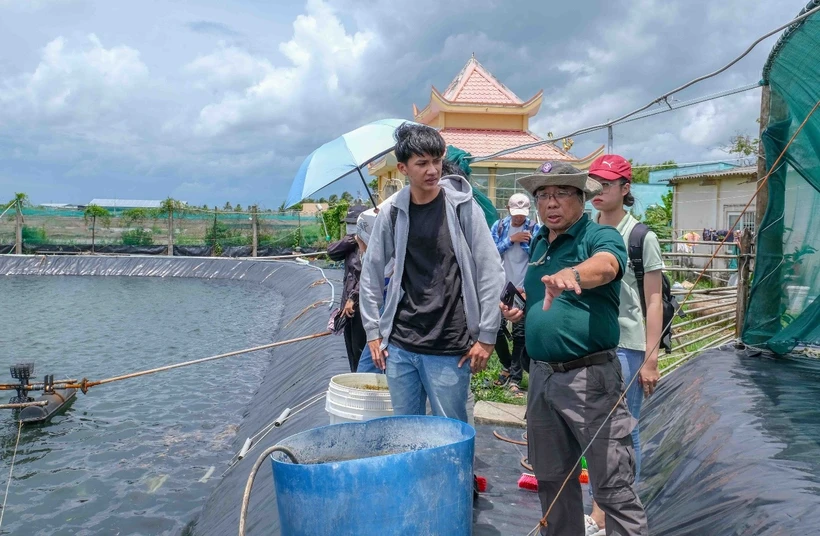 Phó Giáo sư, Tiến sỹ Lê Anh Tuấn (Đại học Cần Thơ) hướng dẫn sinh viên tìm hiểu mô hình nuôi tôm kết hợp năng lượng mặt trời của gia đình ông Trịnh Văn Hoặc.