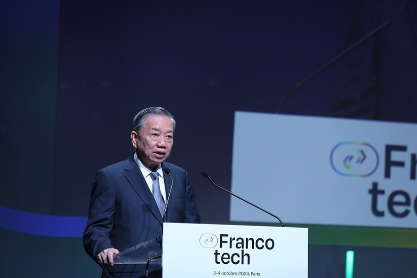 Tổng Bí thư, Chủ tịch nước Tô Lâm phát biểu tại Diễn đàn doanh nghiệp Pháp ngữ về đổi mới, sáng tạo Franco Tech. (Ảnh: Trí Dũng/TTXVN)