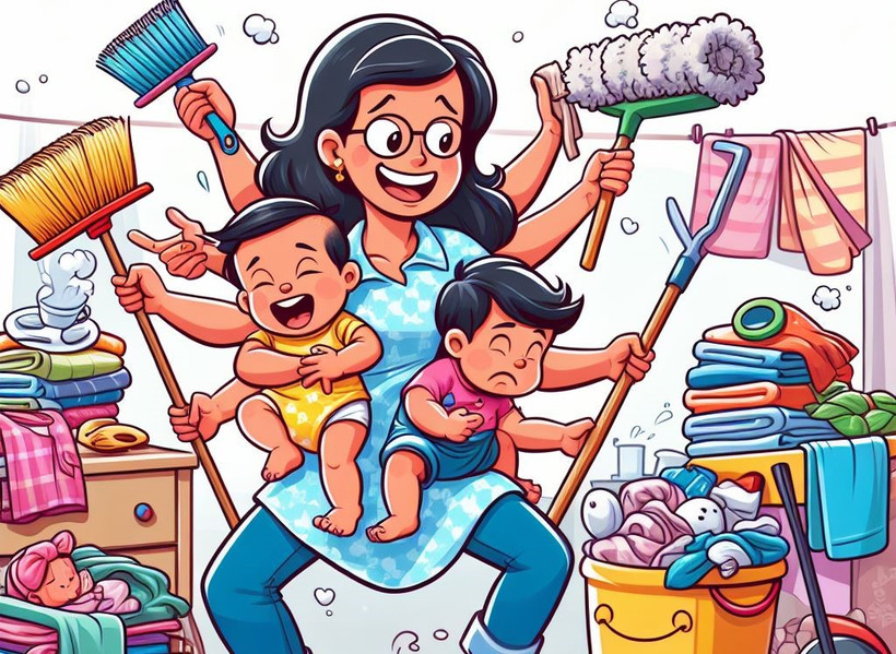 Nhiều người vợ phải làm mọi việc vì không có người san sẻ việc nhà. (Nguồn: Ảnh do AI tạo ra từ Bing Image Creator)