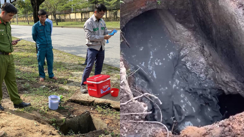 Đoàn kiểm tra phát hiện cống nước thải đục, có mùi hôi từ Công ty Trách nhiệm Hữu hạn Sức Trẻ chảy ra hệ thống thoát nước mưa của Khu công nghiệp Liên Chiểu. (Ảnh: TTXVN phát)