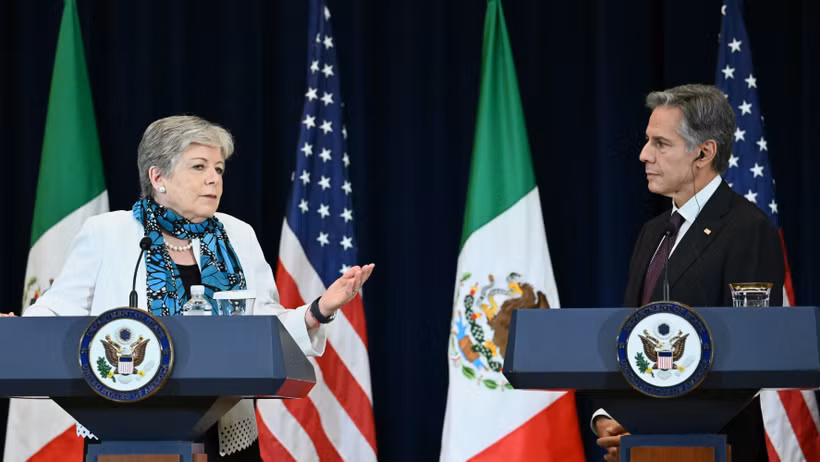 Ngoại trưởng Mỹ Antony Blinken (phải) trong cuộc họp báo chung với người đồng cấp Mexico Alicia Barcena tại Washington DC., ngày 29/9/2023. (Ảnh: AFP/TTXVN)