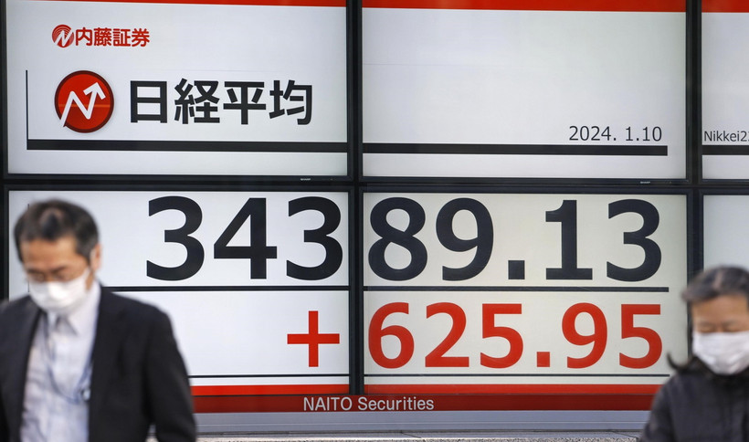 Bảng chỉ số chứng khoán tại Tokyo, Nhật Bản, ngày 10/1/2024. (Ảnh: Kyodo/TTXVN)