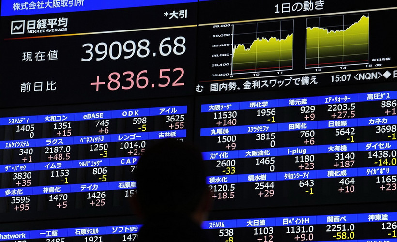 Bảng điện tử hiện thỉ chỉ số chứng khoán Nikkei-225 tại Osaka, Nhật Bản, ngày 22/2/2024. (Ảnh minh họa: Kyodo/TTXVN)