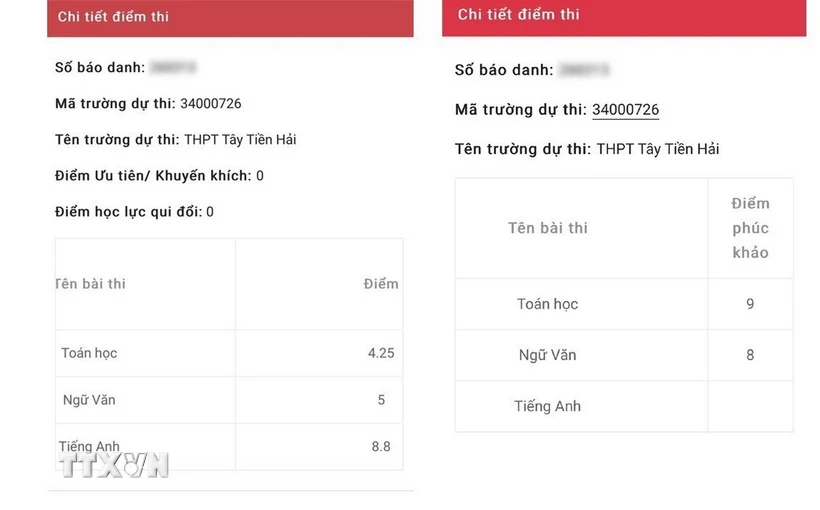 Kết quả trước và sau phúc khảo của một thí sinh ở huyện Tiền Hải, tỉnh Thái Bình. (Ảnh: TTXVN phát)