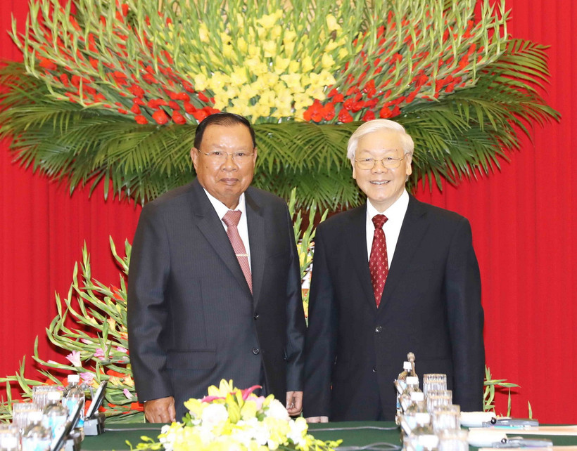 Tổng Bí thư Nguyễn Phú Trọng đón và hội đàm với Tổng Bí thư, Chủ tịch nước Lào Bounnhang Vorachith tại Trụ sở Trung ương Đảng sáng 3/7/2018. (Ảnh: Trí Dũng/TTXVN)