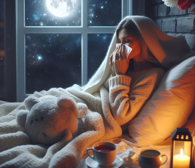 Các triệu chứng cảm lạnh và cúm có xu hướng trở nên tồi tệ hơn vào ban đêm. (Nguồn: Ảnh do AI tạo ra từ Bing Image Creator)