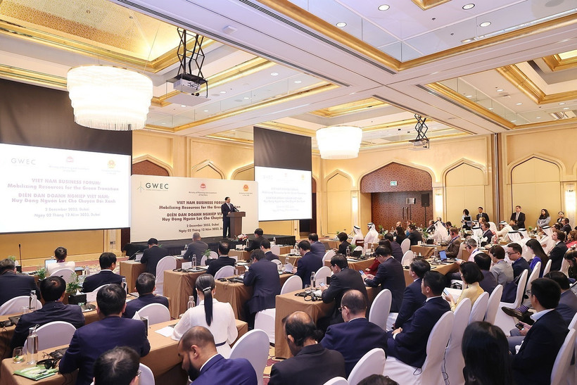 Thủ tướng phát biểu tại Diễn đàn Doanh nghiệp Việt Nam “Huy động các nguồn lực cho Chuyển đổi Xanh.” (Ảnh: Dương Giang/TTXVN)