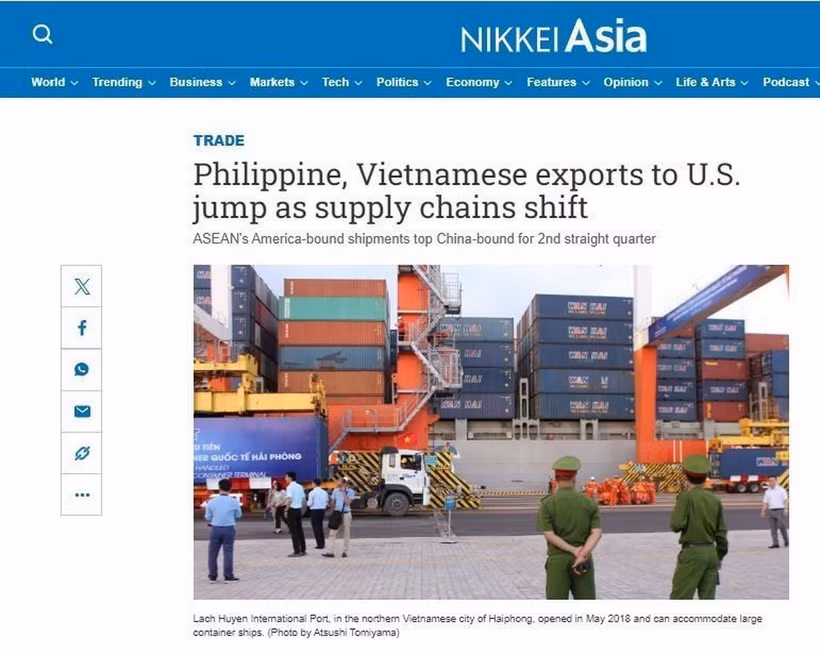Bài viết trên trang nikkei.com (Nhật Bản) nêu lý do xuất khẩu của Việt Nam sang Mỹ tăng mạnh. (Ảnh: TTXVN phát)