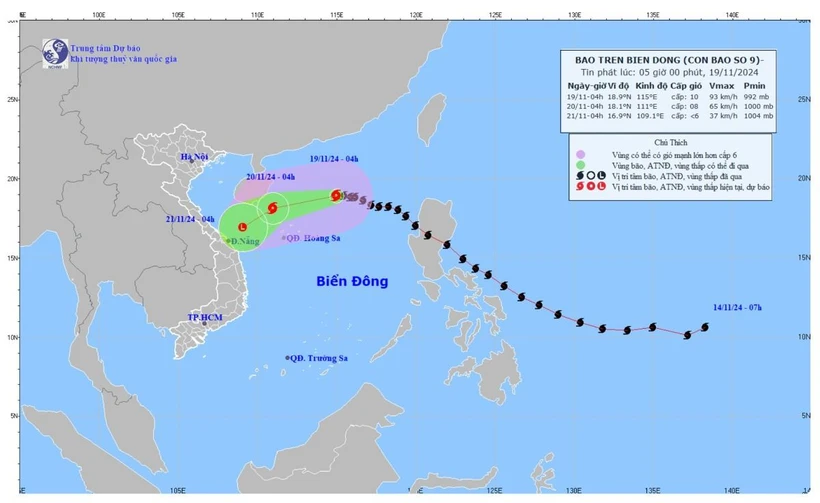 Vị trí và hướng đi của cơn bão số 9. (Nguồn: Trung tâm Dự báo Khí tượng Thủy văn Quốc gia)