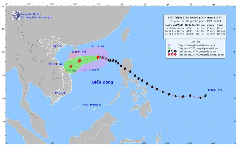 Vị trí và hướng đi của cơn bão số 9. (Nguồn: Trung tâm Dự báo Khí tượng Thủy văn Quốc gia)
