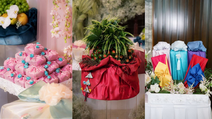 Một cô dâu Việt Nam đã có ý tưởng táo bạo khi kết hợp các mâm tráp ăn hỏi của Việt Nam với nghệ thuật Bojagi của Hàn Quốc. (Nguồn: Vietnam+)