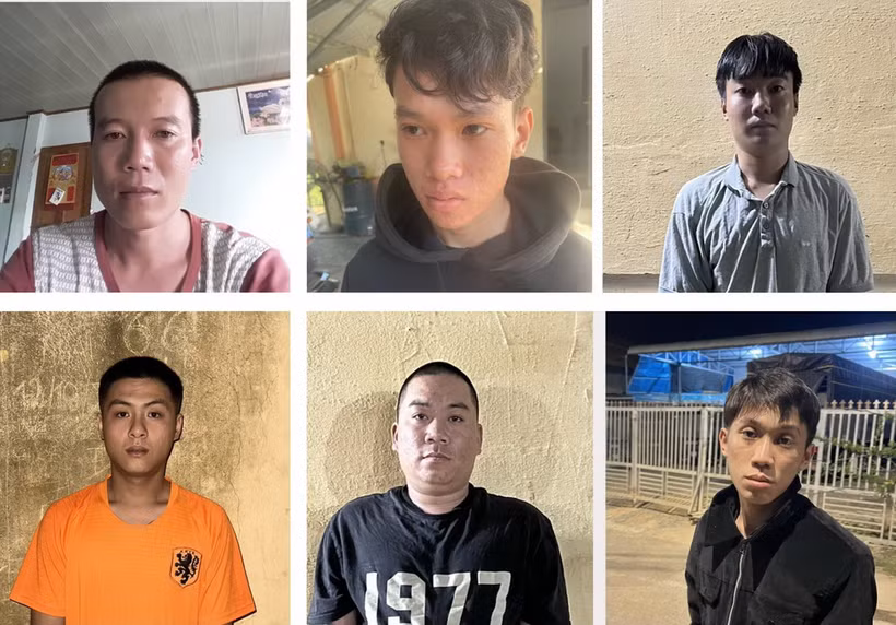 6 đối tượng bị tạm giữ để điều tra tội gây rối trật tự công cộng và cố ý gây thương tích, đánh nhầm 2 em học sinh lớp 11 bị thương nặng. (Ảnh: Công an huyện Đức Trọng)