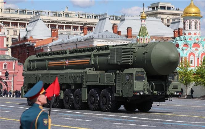 Tên lửa liên lục địa Yars tại lễ duyệt binh kỷ niệm 78 năm Chiến thắng trong Chiến tranh Vệ quốc vĩ đại ở thủ đô Moskva, Nga ngày 9/5/2023. (Ảnh: AFP/TTXVN) 