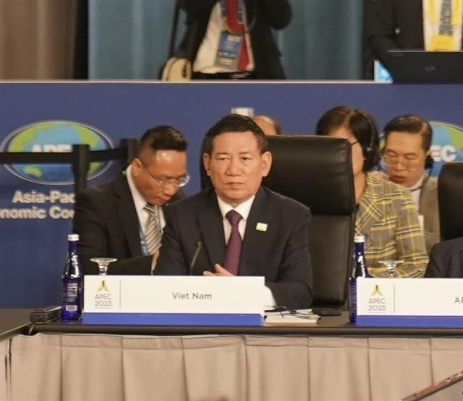 Bộ trưởng Hồ Đức Phớc tại Hội nghị Bộ trưởng Tài chính APEC năm 2023 sáng 13/11. (Ảnh: Kiều Trang/TTXVN)