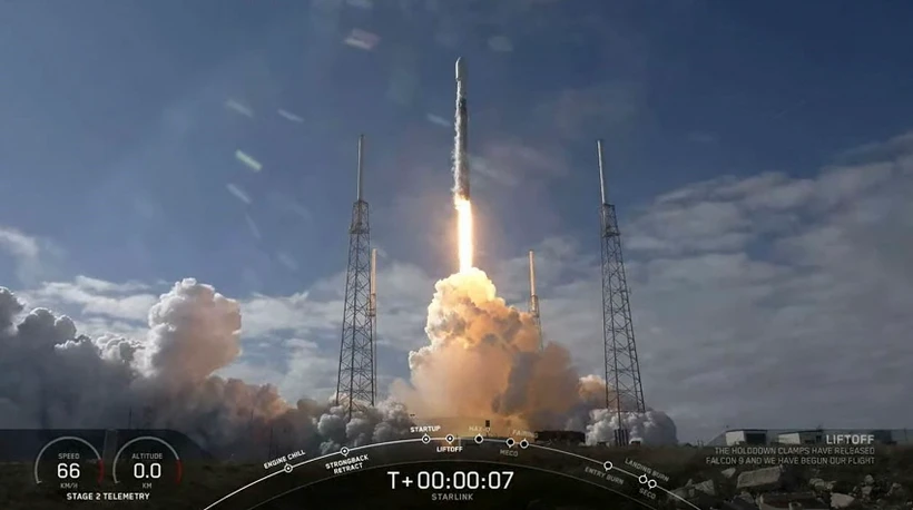 Tên lửa Falcon 9 của SpaceX mang theo 60 vệ tinh Starlink rời bệ phóng tại Căn cứ Không quân Mũi Canaveral ở bang Florida, Mỹ ngày 17/2/2020. (Ảnh: AFP/TTXVN)