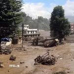 Khu vực bị tàn phá do lũ quét cuốn theo bùn đất tại huyện Rasuwa, Nepal, ngày 26/8. (Ảnh: ANI/TTXVN phát)