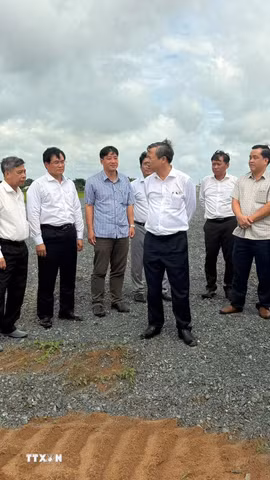 Lãnh đạo Cần Thơ cùng đại diện các sở, ngành kiểm tra thực tế tiến độ thi công tại công trường Dự án thành phần 4 cao tốc Châu Đốc - Cần Thơ - Sóc Trăng. (Ảnh: TTXVN phát)