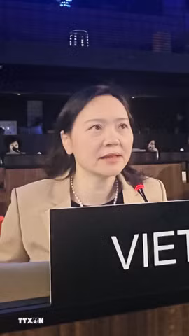 Đại sứ Nguyễn Thị Vân Anh, Trưởng Phái đoàn Đại diện thường trực Việt Nam bên cạnh UNESCO phát biểu tại Kỳ họp lần thứ 19 của Ủy ban liên chính phủ Công ước của UNESCO về Bảo vệ và phát huy sự đa dạng của các biểu đạt văn hóa. (Ảnh: TTXVN phát)