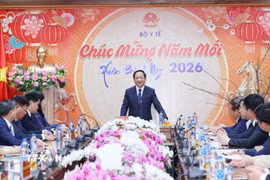 Ông Trịnh Văn Quyết, Trưởng Ban Tuyên giáo và Dân vận Trung ương chúc mừng ngành y tế nhân Ngày Thầy thuốc Việt Nam. (Ảnh: Phương Hoa/TTXVN)