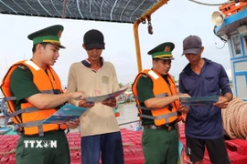 Tuyên truyền chống khai thác IUU cho ngư dân. (Ảnh: Thanh Hòa/TTXVN)