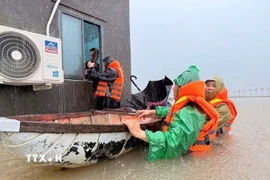 Bộ đội Biên phòng Gia Lai đến từng nhà dân ở phường Hoài Nhơn Đông di chuyển tài sản tránh lũ. (Ảnh: TTXVN phát)