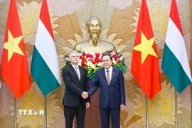 Chủ tịch Quốc hội Trần Thanh Mẫn đón Chủ tịch Quốc hội Hungary Kover Laszlo thăm chính thức Việt Nam. (Ảnh: Doãn Tấn/TTXVN)