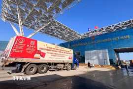 Lô hàng tổ yến lần đầu tiên xuất khẩu sang Trung Quốc qua Lối thông quan cầu Bắc Luân II-Móng Cái (Quảng Ninh). (Ảnh: TTXVN phát)
