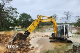 Đắp đất làm đê tạm, ngăn dòng nước chảy xiết tiếp tục gây xói lở phần đất, đá gia cố trên đoạn đê. (Ảnh: Mai Trang/TTXVN)