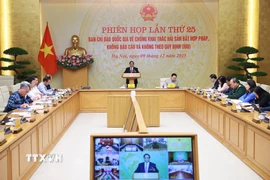 Thủ tướng Phạm Minh Chính chủ trì phiên họp thứ 25 của Ban Chỉ đạo quốc gia về chống khai thác hải sản bất hợp pháp, không báo cáo và không theo quy định (IUU). (Ảnh: Dương Giang/TTXVN)