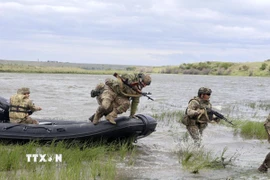 Binh sỹ Ukraine huấn luyện tại khu vực Mykolaiv ngày 14/5/2024. (Ảnh: Kyodo/TTXVN)