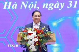 Thủ tướng Phạm Minh Chính phát biểu tại Lễ khai trương Cổng Pháp luật Quốc gia. (Ảnh: Dương Giang/TTXVN)