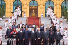 Chủ tịch nước Lương Cường với các Đại sứ đến trình Quốc thư. (Ảnh: Lâm Khánh/TTXVN)