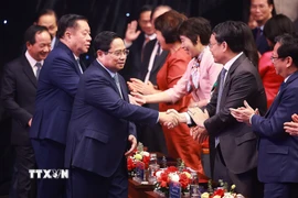 Thủ tướng Phạm Minh Chính đến dự Lễ trao Giải thưởng toàn quốc về Thông tin Đối ngoại lần thứ XI. (Ảnh: Dương Giang/TTXVN)