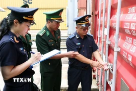 Lực lượng hải quan và bộ đội biên phòng phối hợp giám sát kho bãi container hàng hóa xuất nhập khẩu tại cảng Quy Nhơn, tỉnh Gia Lai. (Ảnh: Vũ Sinh/TTXVN)