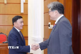 Thường trực Ban Bí thư Trần Cẩm Tú đón Quyền Tổng Thư ký Đảng Dân chủ Tự do Nhật Bản Hagiuda Koichi. (Ảnh: Phương Hoa/TTXVN)